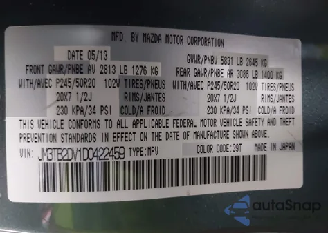 2013 Mazda Cx-9 Grand Touring from USA, damaged, VIN JM3TB2DV1D0422459